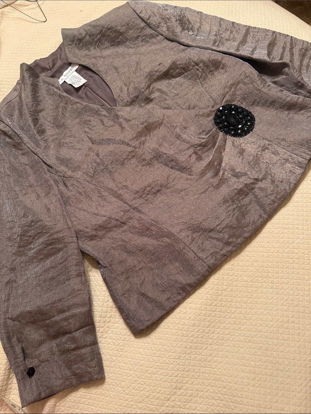 Vintage J. R Nites Elegant Shimmer Long-Sleeve Top with Beaded Accent - Taupe
